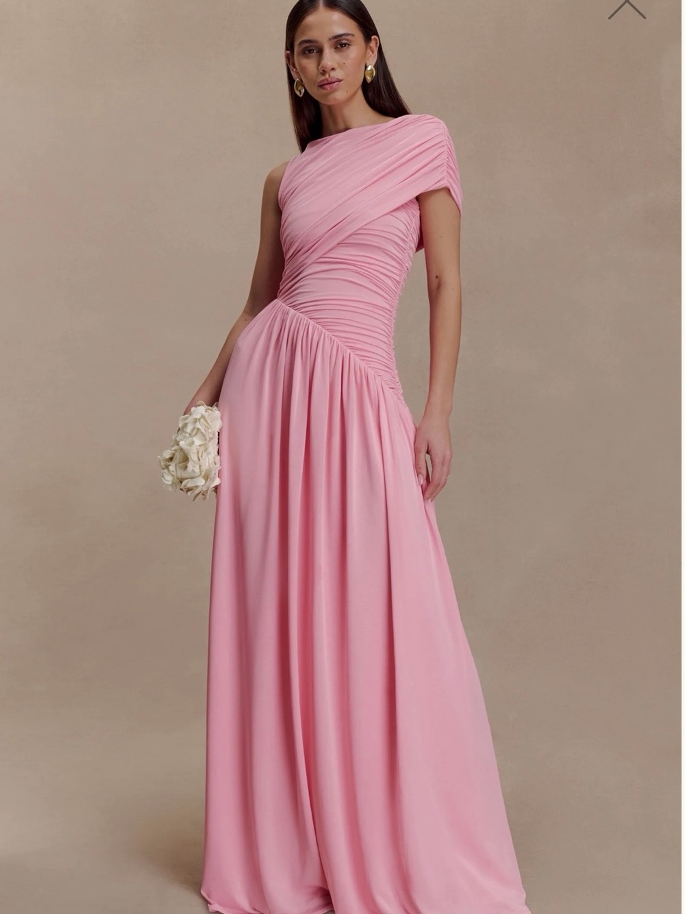 Meshki One-Shoulder Pink Ruched Maxi length Gown